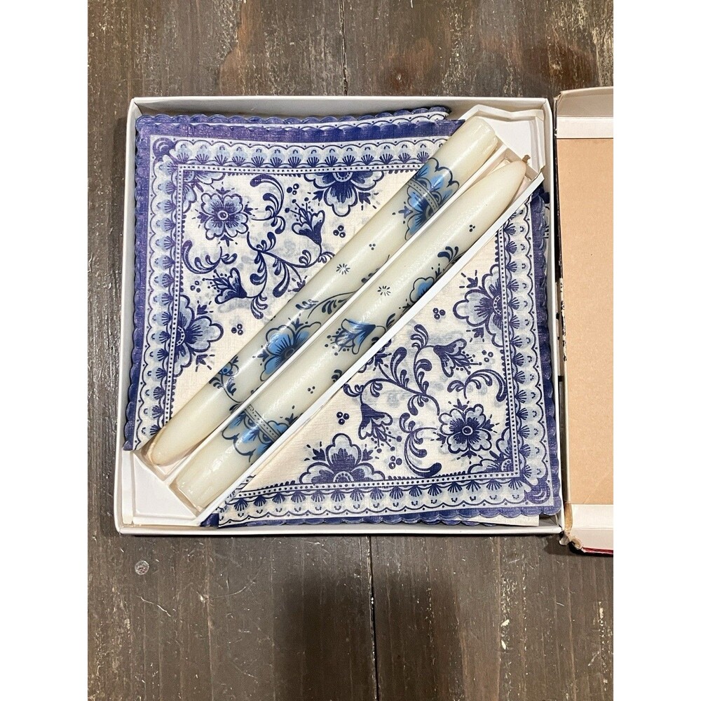 VTG Delft Design Floral Candles and Paper Napkins Blue White Set NOS Holland